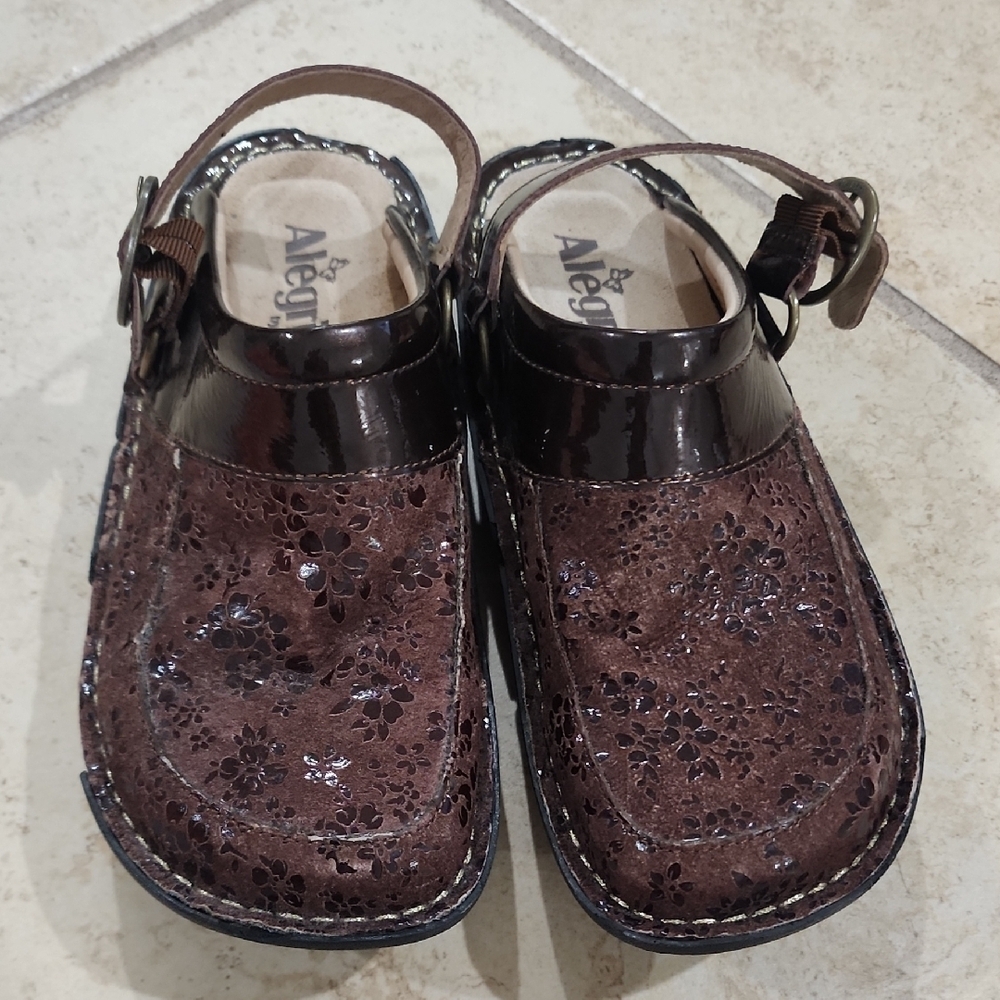 Alegria Choco Posey Floral Brown Suede Slip On Clog Mule Size 35 Comfort​​